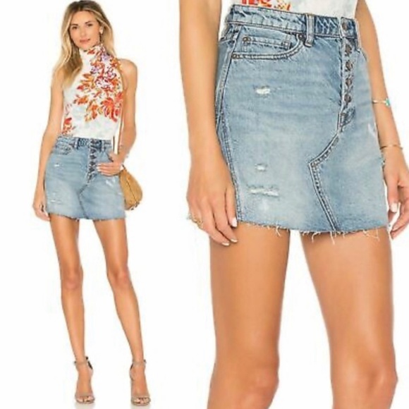We The Free Free People Breezy A Line Distressed Denim Skirt Button Fly Size 26 - Picture 1 of 14